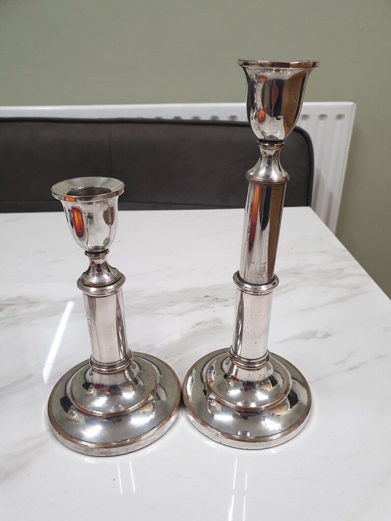 antique silver plate on copper pair of extending candle sticks