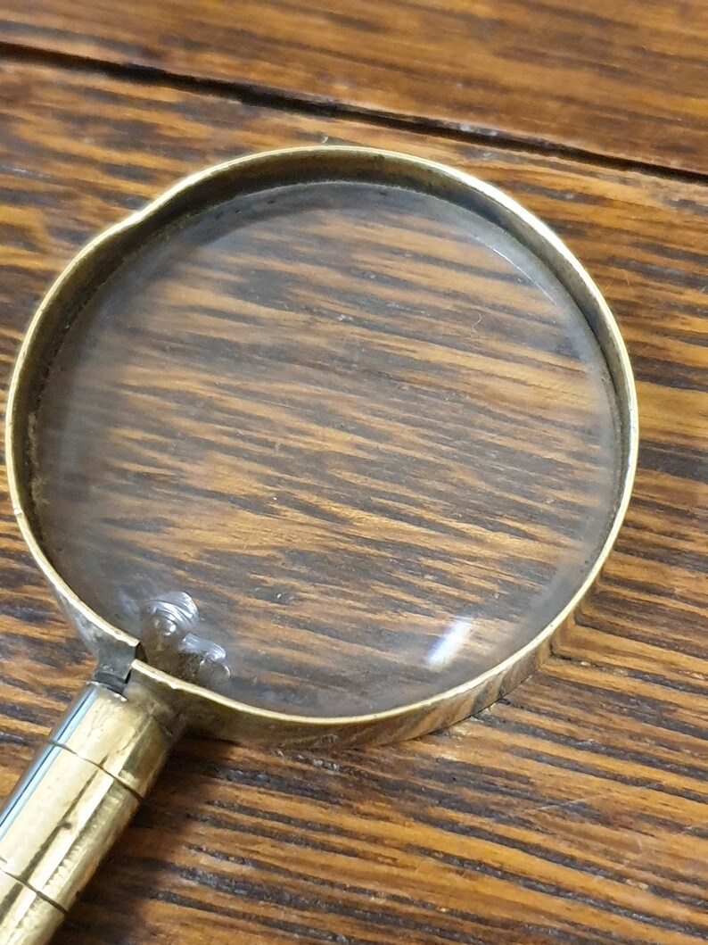 antique brass and wood small size magnifying glass