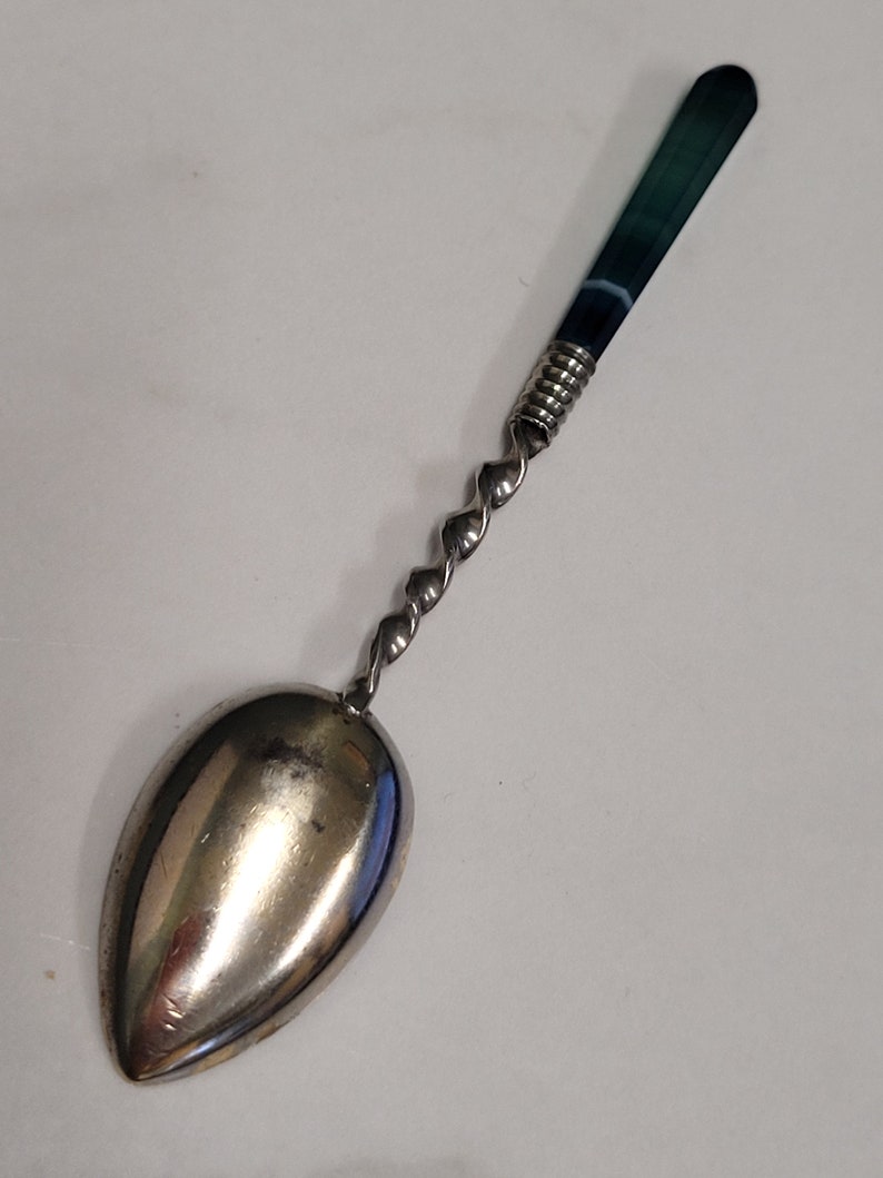 antique green banded agate handle silver plate tea spoon image 4