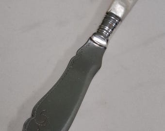 antique etched silver plate mother of pearl handle butter knife