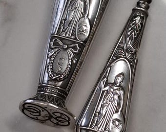 antique German sterling silver wax seal stamp and scraper
