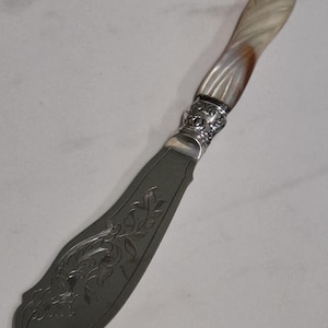 May include: A silver butter knife with a mother-of-pearl handle. The blade is engraved with a floral design.