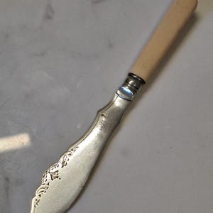 Puede incluir: Un cuchillo de mantequilla con un mango de color claro y una hoja plateada. La hoja tiene un diseño decorativo grabado cerca de la punta. El cuchillo está inclinado sobre una superficie gris claro.