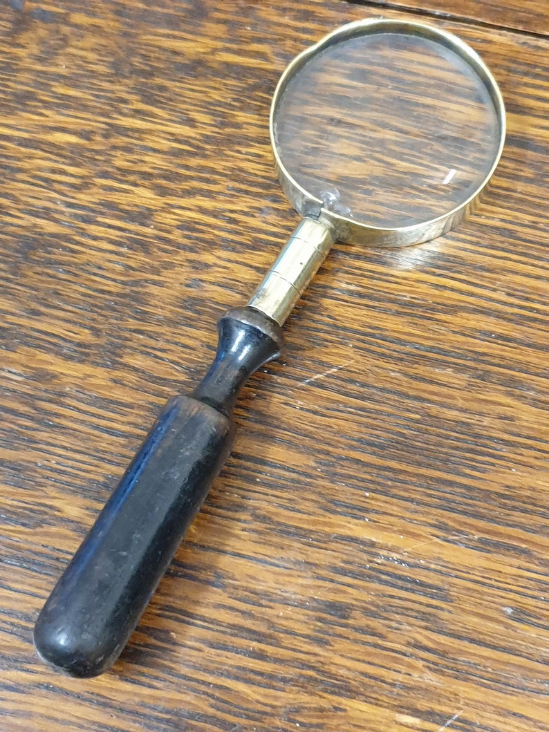 antique brass and wood small size magnifying glass