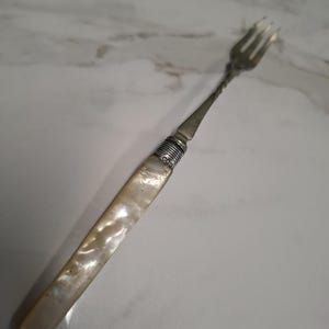 May include: A small silver fork featuring a three-pronged head and a twisted neck. The handle is crafted from iridescent mother-of-pearl with a smooth, rectangular shape, connected to the metal portion by a ribbed silver ferrule band.