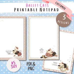 Niedliches Notizblock-Set mit Ballettkatzen-Motiv zum Ausdrucken | A5 PDF & PNG Digitaler Download | Personalisierbar | Druckbares Briefpapier