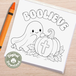 May include: A black and white colouring page featuring a cartoon ghost next to a pumpkin with a cross symbol, surrounded by autumn leaves. The text "BOOLIEVE" is printed in bubble letters above the ghost. An orange crayon is positioned to the left.