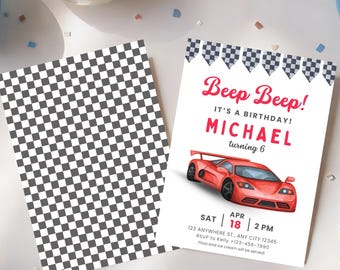 Invitación de cumpleaños con diseño de coche de carreras clásico, plantilla editable de Canva para fiestas infantiles de cualquier edad (descarga digital).