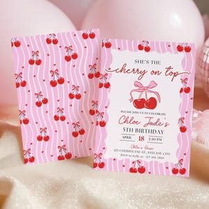 May include: Pink birthday invitations with a cherry theme. One invitation features the text "She's the cherry on top" and details for a 5th birthday party. The other invitation has a repeating cherry pattern.