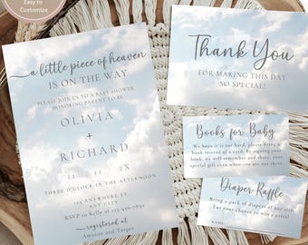 A Little Piece of Heaven Baby Shower Invitation Bundle, Gender Neutral Canva Template,  eck11