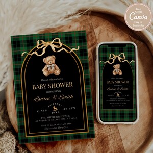 May include: Baby shower invitation featuring a teddy bear illustration, gold accents, and a green plaid background. The invitation is displayed on a wooden tray, with a matching design on a smartphone.