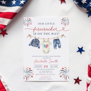 Little Firecracker Baby Shower Invitation – Red White Blue All American Theme (Digital Download) JU11