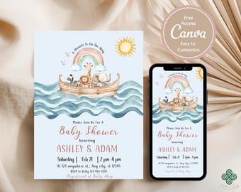Noah's Ark Baby Shower Invitation Bundle, Watercolor Animal Theme (Digital Canva Template) na11