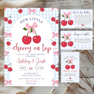 Editable Cherry Baby Shower Invitation Bundle, Gingham & Bow,Digital Download, ekc4