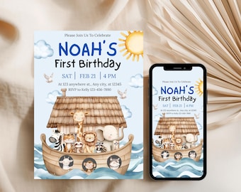 Invito per il primo compleanno dell'Arca di Noè, animali acquerellati (modello digitale Canva) na11