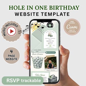 Site para aniversário com tema "Hole in One", convite de aniversário com tema de golfe, vamos festejar, estampa xadrez verde-sálvia, modelo editável do Canva, download digital, GO11