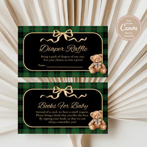 May include: Two baby shower invitation cards with a black and green plaid design. The cards have gold accents and feature text for a diaper raffle and a request for books. Each card includes a teddy bear illustration.