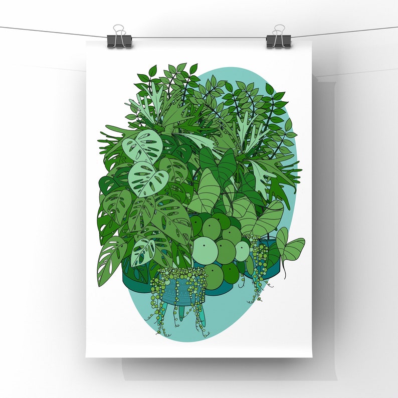 Assortment of various green plants depicted in an illustration, filling the canvas against a solid background.