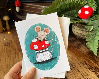 Happy Holidays Mouse on a Toadstool Card - Winter greetings card - Limited Edition