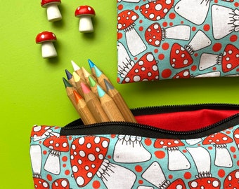 Toadstool Bag, Purse, Tote - blue - Zip Bag - Pencil Case - Make-up Bag - Purse - Coin Purse - mushroom - fly agaric