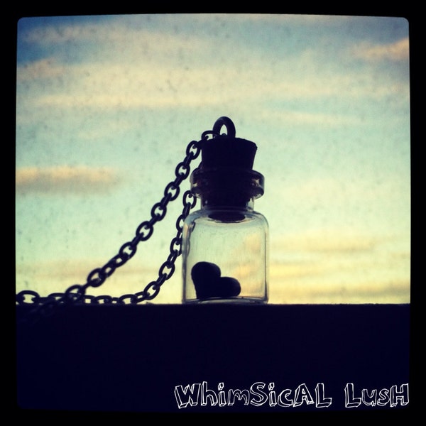 Black Heart in Little Glass Bottle Necklace. Miniature Glass vial. cute heart necklace.