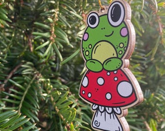 Wooden Decoration: Frog on Toadstool - Festive Decoration - Christmas Tree Decoration - Holiday Decor - Frog Lover - Limited Edition