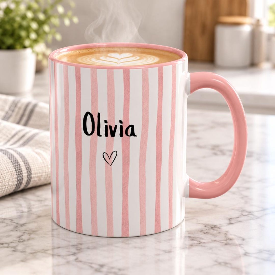 Personalized Striped Mug With Custom Name, Custom Name Mug With Heart ...