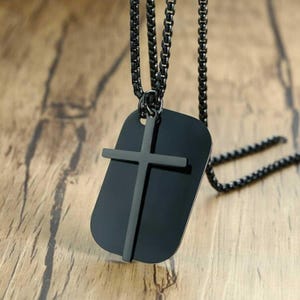 Personalized Black Stainless Steel Cross Dog Tag Necklace with Cross – Free Engraving