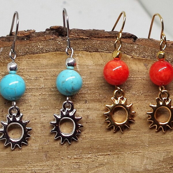 Boucles d'oreilles soleil or, boucles dormeuse turquoise  ou orange et cadeau femme et sœur, bijou yoga et amitié