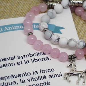 Bracelet quartz rose ou bracelet howlite avec cheval ou sans, bracelet femme et fille, équestre et cheval totem, cadeau maman image 1