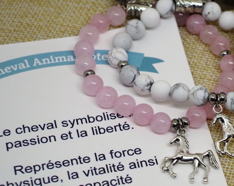 Bracelet quartz rose ou bracelet howlite avec cheval ou sans, bracelet femme et fille, équestre et cheval totem, cadeau maman image 1