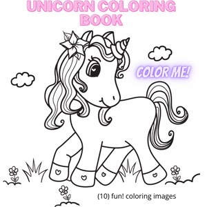 Könnte beinhalten: Eine Schwarz-Weiß-Strichzeichnung eines Einhorns aus einem Malbuch. Der Text oben lautet "Princess Lina UNICORN COLORING BOOK". Das Einhorn hat ein Horn, eine fließende Mähne und eine Blume in seinem Haar. Der Text "COLOR ME!" steht neben dem Einhorn.