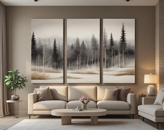 Winter Forest Triptych Wall Art – Misty Pine Trees 3 Piece Neutral Landscape Digital Prints