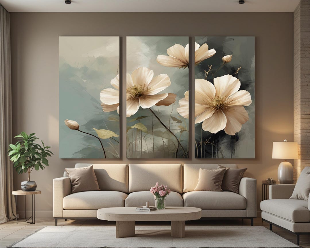 Soft Beige Floral Triptych Wall Art – Elegant Neutral Flower 3 Panel ...