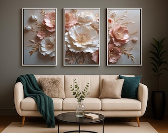 Floral Triptych Wall Art Set of 3 – Luxury Blush & Gold Botanical Prints, Modern Digital Download