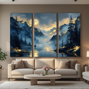 Tríptico de montaña, conjunto de 3 láminas artísticas para pared: pintura de cielo nocturno, impresiones digitales de naturaleza en azul y dorado.