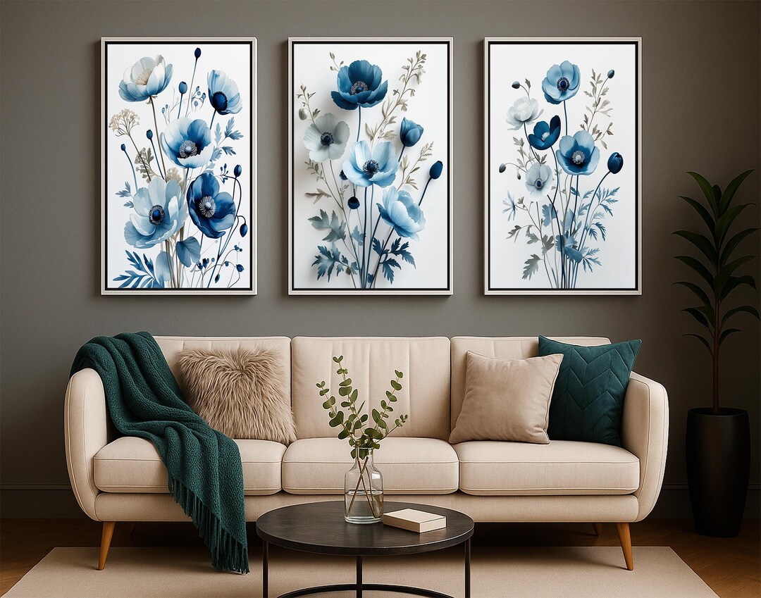 Blue Floral Triptych Wall Art Set – Modern Botanical, Elegant Navy ...