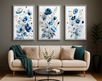Blaues Blumen-Triptychon-Kunst-Set - moderne botanische, elegante marineblaue und zartblaue Digitaldrucke