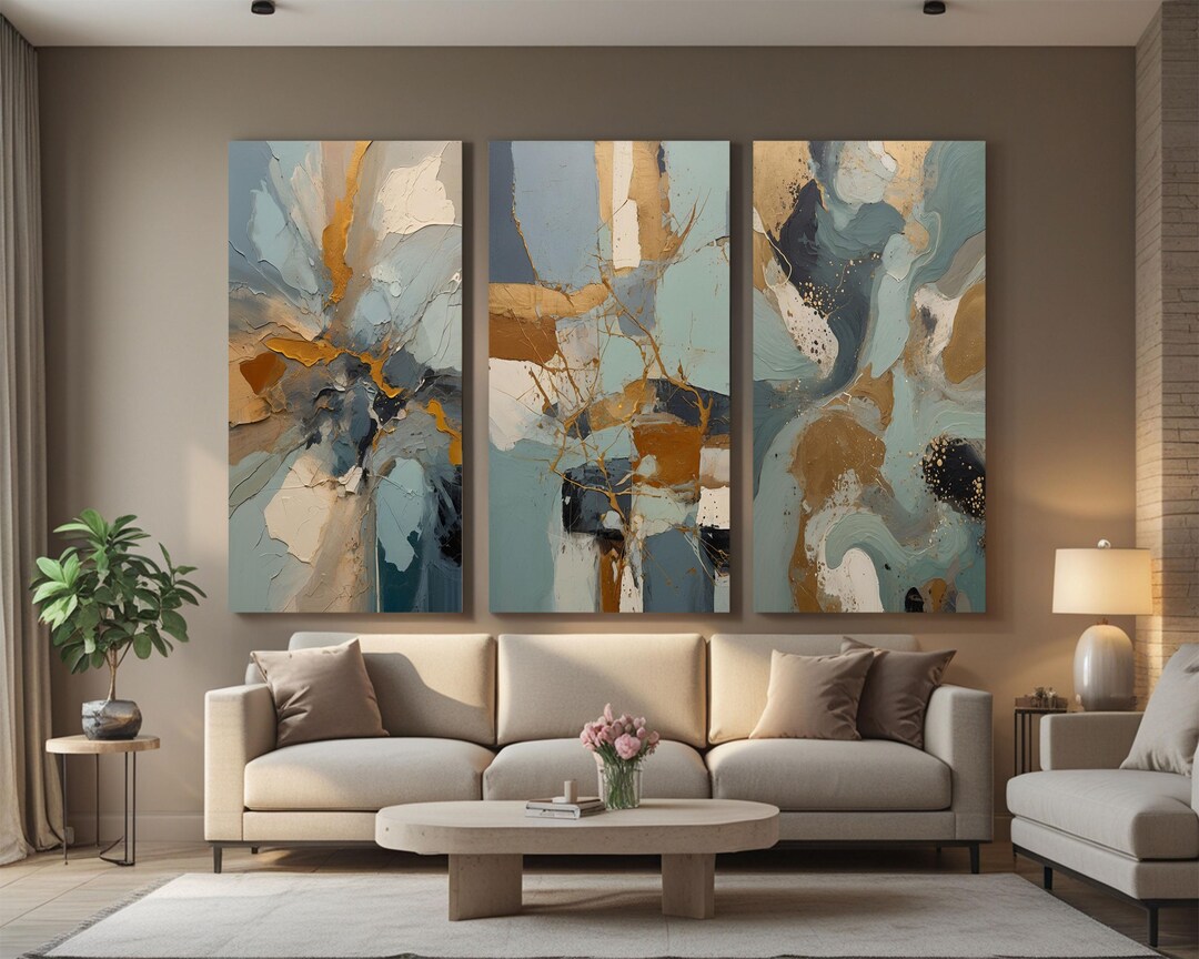 Teal Gold Abstract Triptych Wall Art – Luxury Textured Modern Digital ...