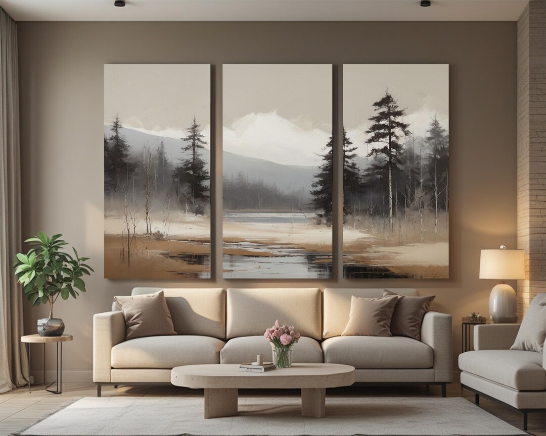 Triptych Wall Art Misty Forest Landscape – Neutral Nature 3 Piece ...