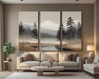 Triptych Wall Art Misty Forest Landscape – Neutral Nature 3 Piece Modern Digital Prints