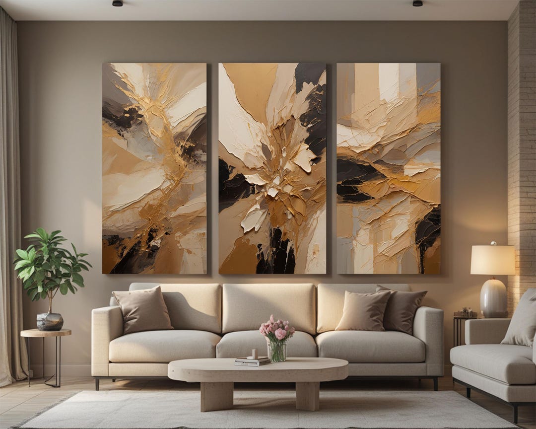 Gold Textured Abstract Triptych Wall Art – Luxury Modern 3 Panel Decor ...