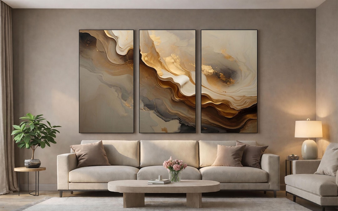 Luxury Gold Marble Abstract Triptych Wall Art – Beige & Taupe Modern ...