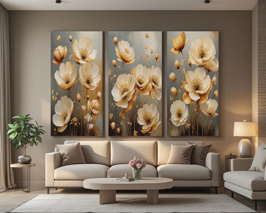 Elegant Cream & Gold Floral Triptych Wall Art – Modern Botanical 3 ...
