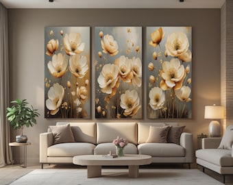 Elegant Cream & Gold Floral Triptych Wall Art – Modern Botanical 3-Panel Digital Print