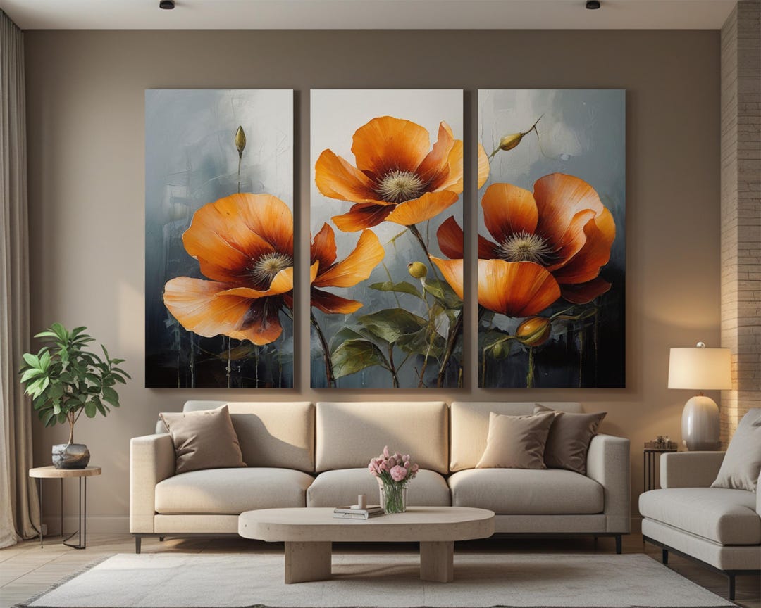 Orange Floral Triptych Wall Art – Bold Modern Flower Painting, 3 Panel ...