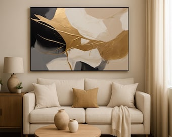 Abstract Gold Neutral Wall Art – Modern Beige Black Luxury Textured Digital Print