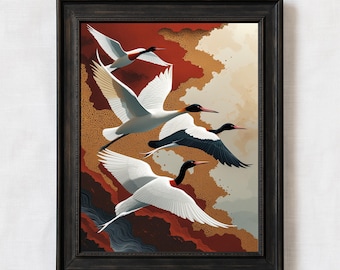 Abstract Crane Birds Wall Art – Modern Minimal Japanese Style Print, Digital Download