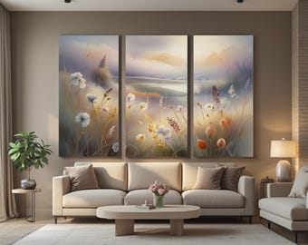 Pastellfarbene Blumen-Triptychon-Wandkunst - ruhige Wiesenlandschaft, moderner 3-Panel-Druck
