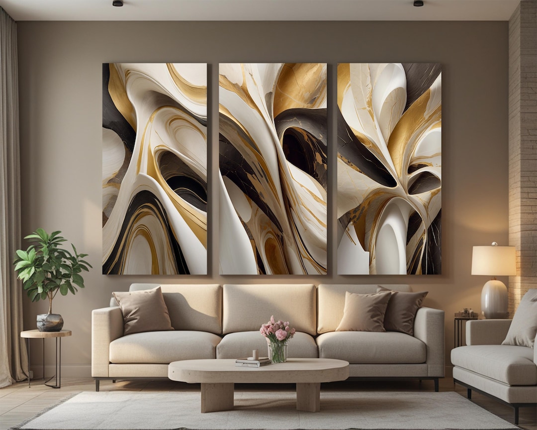 Gold Abstract Flow Triptych Wall Art – Luxury Neutral Modern Digital ...